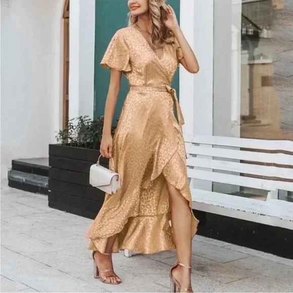 NWT Simplee Midi Animal Print Wrap Asymmetric Dress Size Large in Gold - Picture 4 of 13